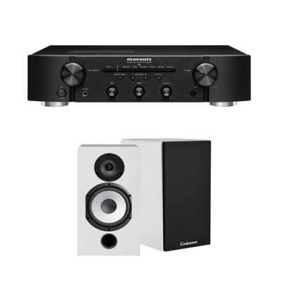 Un ampli Marantz PM6007 Noir + une paire d'enceintes bibliothèque Cabasse Antigua MT32/2 Blanc mat