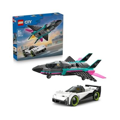 image LEGO City Le Jet Contre la Voiture - Jeu de Construction avec Avion & Supercar - Minifigurines de Pilotes - Idée de Cadeau Original pour Garçon dès 6 Ans 60489