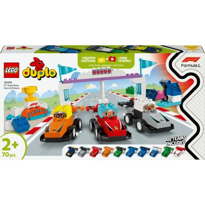 LEGO Duplo Voitures de Course et Pilotes d’Une écurie de F1 10445 | Jouet pour fille ou garçon dès 2 ans, motricité fine, 10 voitures, 1 grue, feux de départ, podium, idée cadeau, 70 pièces
