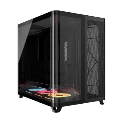 image CORSAIR AIR 5400 LX-R RGB iCUE Link Boîtier PC Triple Chambre Moyen-Tour Panoramique — Chambre Isolée pour AIO 360mm, Compatible Mères À Connexion Inversée, 3X Ventilateurs RGB LX-R Inclus — Noir