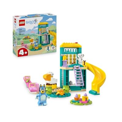 LEGO Bluey Playground Fun with Bluey and Chloe - Toy for 4+ Year Old Girls & Boys - INCL. 2 Minifigures, a Functional Pink See-Saw, Slide, Climbing Frame & 3 Plants - Gift for TV Show Fans - 11201