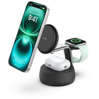 image Belkin UltraCharge Pro 3 en 1 Chargeur Induction Qi2 25W, Station de Charge pour iPhone 17, iPhone Air, Apple Watch, AirPods, Pixelsnap, Compatible avec MagSafe avec Ventilateur, Chargeur 45W - Noir