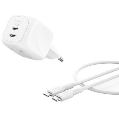 image Belkin SmartProtect Chargeur à 2 Ports USB-C 50 W, Chargeur GaN 2 Ports, Câble 1 M Inclus, Recharge Rapide pour MacBook, iPhone 17, iPad Pro, Chromebook, Galaxy S25 Ultra, Pixel 10, Blanc