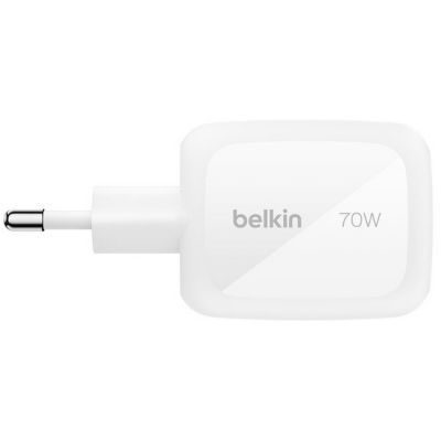 image Belkin Chargeur USB C GaN 70W avec 2 Ports USB-C et 1 Port USB-A, Fiches Électriques pour UE/R.-U. / É.-U., Recharge Rapide pour MacBook, iPhone, iPad Pro, Samsung Galaxy, Google Pixel, etc - Blanc