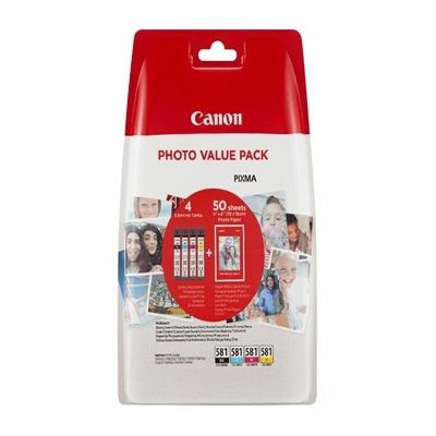 image Canon CLI-581 Cartouches BK/C/M/Y Noir, Cyan, Magenta, Jaune + Pack de 50 feuilles papier photo PP-201 10x15cm (Emballage plastique sécurisé)