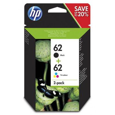 image HP 62 Pack de 2 Cartouches d'Encre Authentique (N9J71AE) imprimantes HP OfficeJet et HP ENVY, Noir et trois couleurs (Cyan, Magenta et Jaune)