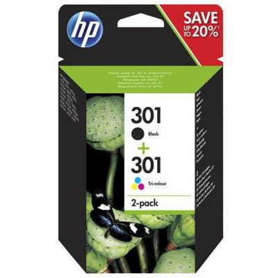 image HP 301 pack de 2 cartouches d'encre noire/trois couleurs authentiques pour HP Envy 4505 et HP DeskJet 1050/1512/2548/3057A (N9J72AE)