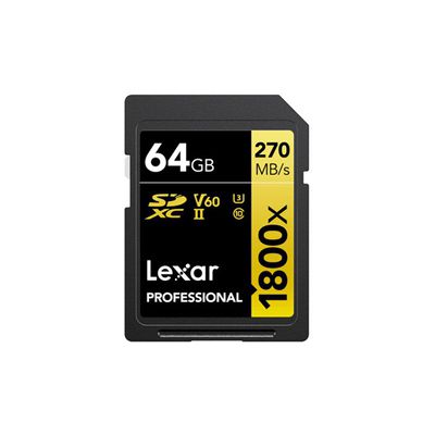 image Lexar SDXC Professional 64 Go 1800x UHS-II Gold Serie Class 10 U3 V60 pour Enregistrement vidéo 4K, Noir