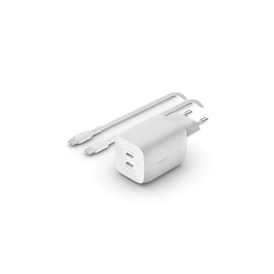 image Belkin chargeur secteur double port USB-C 65 W, chargeur rapide Power Delivery 3.0 avec technologie GaN pour iPhone 16, iPhone 15, 14, iPad Pro, MacBook, Galaxy S24, Pixel (câble USB C-C inclus)