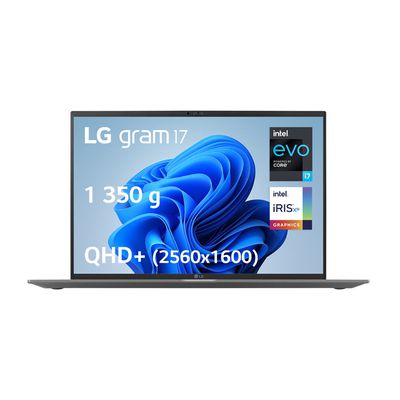image LG gram 17Z90R-G.AD7CF - PC portable 17" 1350g, écran IPS QHD+ 16:10, Plateforme Intel Evo i7-1360P, RAM 32Go, SSD 2To NVMe, Intel Iris Xe, Thunderbolt 4, Windows 11, Clavier AZERTY, Gris