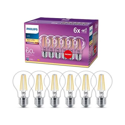 image Philips, pack de 6 ampoules E27 LED transparentes 60W, blanc chaud