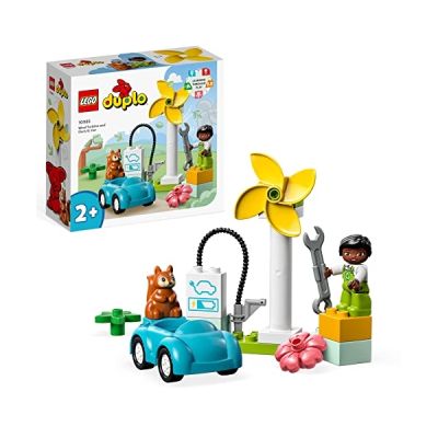 LEGO 10985 Duplo Ma Ville L’Éolienne et la Voiture Électrique, Voiture pour Enfants Dès 2 Ans, Garçons et Filles, Jouets Éducatifs avec Figurines, Jouet Durable