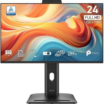 image MSI Pro MP245PDG E14 Station d'accueil FHD 23,8", 1920 x 1080 IPS, 144 Hz, 1 ms, chaîne en Marguerite, Port LAN, Haut-Parleur/Micro intégré, KVM, PiP/PbP, HDMI 2.0b, DP 1.2a, USB Type-C (98 W PD