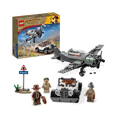 LEGO 77012 Indiana Jones La Poursuite en Avion de Combat, Jouet avec Maquette Avion et Voiture Vintage à Construire, avec 3 Minifigurines, Film La Dernière Croisade