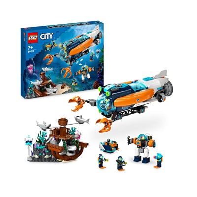 LEGO 60379 City Le sous-Marin d’Exploration en Eaux Profondes, Jouet avec Drone, Figurines Requin, Épave et Minifigurines Plongeur, Cadeau pour Enfants, Garçons, Filles Dès 7 Ans à Noël