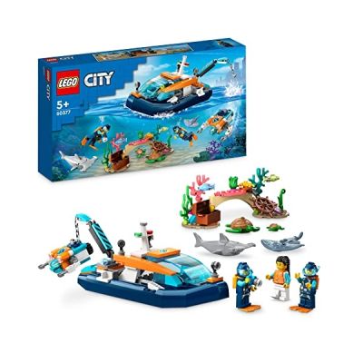 LEGO 60377 City Le Bateau d’Exploration sous-Marine, Jouet avec Mini sous-Marin, Requin, Crabe, Tortue, Raie et Figurines Animaux Marins, Set de Plongée sous-Marine, Enfants Dès 5 Ans