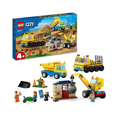 image LEGO 60391 City Les Camions de Chantier et la Grue à Boule de Démolition & City Le Rouleau Compresseur de Chantier, Jouet de Construction de Véhicule, Maquette de Camion Enfant