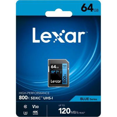 image Lexar SDXC High-Performance 64 Go 800 x UHS-I série Blue, Classe 10, U3, V30, pour Enregistrement vidéo 4K, Haute Vitesse de Transfert, Noir/Bleu
