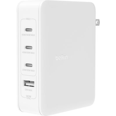 image Belkin Chargeur secteur GaN 4 ports, 140 W, USB-C Power Delivery, chargeur rapide, port USB-A, pour iPhone, Samsung Galaxy, Google Pixel, iPad, MacBook, ordinateur portable, tablette, etc.