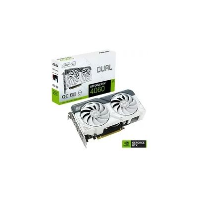 image ASUS DUAL NVIDIA GeForce RTX 4060 OC Edition / Blanc – Carte graphique (8GB GDDR6X, PCIe 4.0, DLSS 3, HDMI 2.1a, DisplayPort 1.4a, 2.5 slot, Ventilateurs axiaux à double roulement à billes, 0dB)