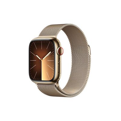 image Apple Watch Series 9 (41 mm GPS + Cellular) Smartwatch avec boîtier en Acier Inoxydable et Bracelet Milanais Or. Suivi de l’activité Physique, apps Oxygène sanguin et ECG, résistance à l’Eau