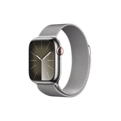 image Apple Watch Series 9 (41 mm GPS + Cellular) Smartwatch avec boîtier en Acier Inoxydable et Bracelet Milanais Argent. Suivi de l’activité Physique, apps Oxygène sanguin et ECG, résistance à l’Eau