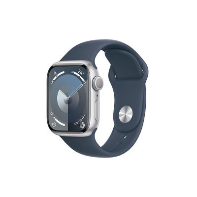 image Apple Watch Series 9 (41 mm GPS) Smartwatch avec boîtier Aluminium Argent et Bracelet Sport Bleu Orage (S/M). Suivi de l’activité Physique, apps Oxygène sanguin et ECG, écran Retina Toujours activé