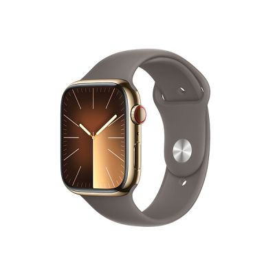 image Apple Watch Series 9 (45 mm GPS + Cellular) Smartwatch avec boîtier en acier inoxydable or et Bracelet Sport argile (M/L). Suivi de l’activité physique, apps Oxygène sanguin et ECG, résistance à l’eau