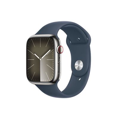 image Apple Watch Series 9 (45 mm GPS + Cellular) Smartwatch avec boîtier en Acier Inoxydable Argent et Bracelet Sport Bleu Orage (M/L). Suivi de l’activité Physique, apps Oxygène sanguin et ECG
