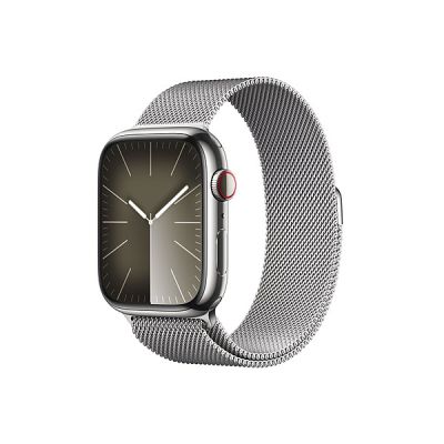 image Apple Watch Series 9 (45 mm GPS + Cellular) Smartwatch avec boîtier en Acier Inoxydable et Bracelet Milanais Argent. Suivi de l’activité Physique, apps Oxygène sanguin et ECG, résistance à l’Eau