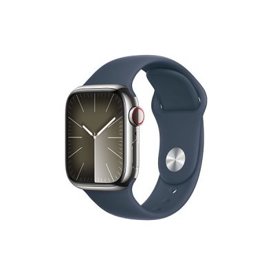 image Apple Watch Series 9 (41 mm GPS + Cellular) Smartwatch avec boîtier en Acier Inoxydable Argent et Bracelet Sport Bleu Orage (M/L). Suivi de l’activité Physique, apps Oxygène sanguin et ECG