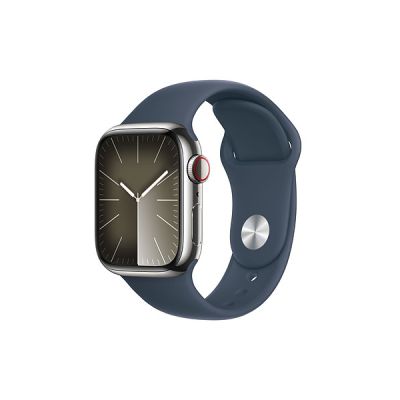 image Apple Watch Series 9 (41 mm GPS + Cellular) Smartwatch avec boîtier en Acier Inoxydable Argent et Bracelet Sport Bleu Orage (S/M). Suivi de l’activité Physique, apps Oxygène sanguin et ECG