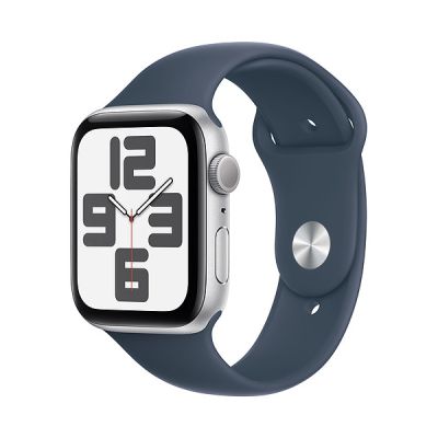 image Apple Watch SE (2ᵉ génération, 2023) (44 mm GPS + Cellular) Smartwatch avec boîtier en aluminium Argent et Bracelet Sport Bleu Orage - S/M. Suivi de l’activité Physique et du Sommeil, écran Retina