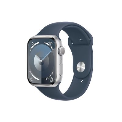 image Apple Watch Series 9 (45 mm GPS) Smartwatch avec boîtier Aluminium Argent et Bracelet Sport Bleu Orage (M/L). Suivi de l’activité Physique, apps Oxygène sanguin et ECG, écran Retina Toujours activé