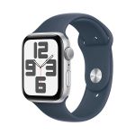 image produit Apple Watch SE (2ᵉ génération, 2023) (44 mm GPS) Smartwatch avec boîtier en aluminium Argent et Bracelet Sport Bleu Orage - M/L. Suivi de l’activité Physique et du Sommeil, détection des Accidents
