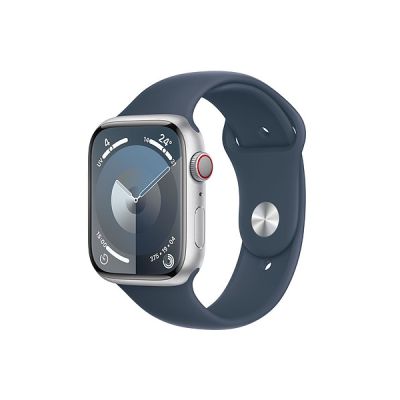 image Apple Watch Series 9 (45 mm GPS + Cellular) Smartwatch avec boîtier Aluminium Argent et Bracelet Sport Bleu Orage (M/L). Suivi de l’activité Physique, apps Oxygène sanguin et ECG, résistance à l’Eau