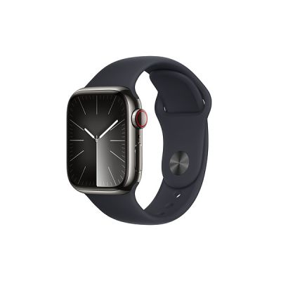 image Apple Watch Series 9 (41 mm GPS + Cellular) Smartwatch avec boîtier en Acier Inoxydable Graphite et Bracelet Sport Minuit (M/L). Suivi de l’activité Physique, apps Oxygène sanguin et ECG