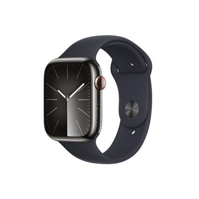 image Apple Watch Series 9 (45 mm GPS + Cellular) Smartwatch avec boîtier en Acier Inoxydable Graphite et Bracelet Sport Minuit (M/L). Suivi de l’activité Physique, apps Oxygène sanguin et ECG