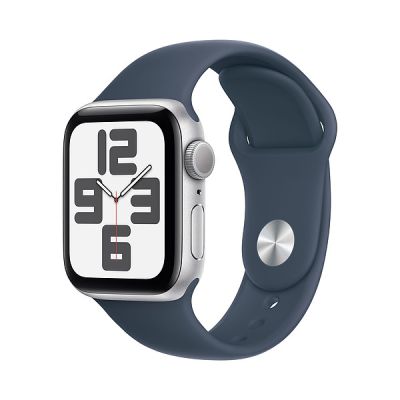 image Apple Watch SE (2ᵉ génération, 2023) (40 mm GPS) Smartwatch avec boîtier en aluminium Argent et Bracelet Sport Bleu Orage - M/L. Suivi de l’activité Physique et du Sommeil, détection des Accidents