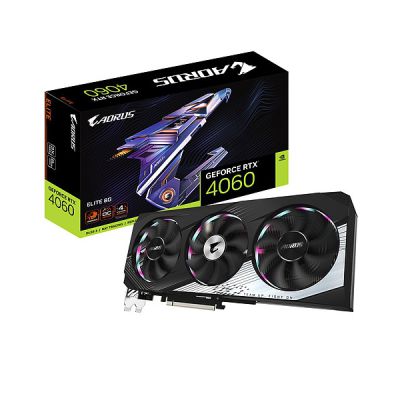 image GIGABYTE Carte Graphique NVIDIA GeForce RTX 4060 AORUS Elite - 8 Go GDDR6, 128 Bits, PCI-E 4.0, Core Clock 2640 MHz, 2 x DP 1.4, 2 x HDMI 2.1a, NVIDIA DLSS 3 - GV-N4060AORUS E-8GD