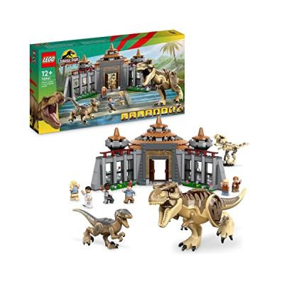 image LEGO Jurassic Park Bezoekerscentrum: T. Rex & Raptor aanval, Set met 2 Speelgoed Dinosaurussen, Dino Skelet en 6 Minifguren, Cadeau voor Jongens, Meisjes en Tieners, 30e Verjaardag Collectie 76961