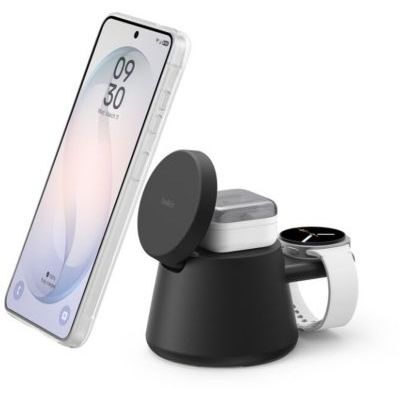 image Belkin Ultracharge Station De Charge 3-en-1 avec USB-C pour Montre Connectée (Chargeur Exclu), Chargeur Magnétique Qi2.2 25 W pour Samsung Galaxy S26, Galaxy Watch, Apple Watch, avec Adaptateur 45 W