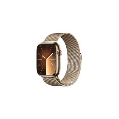 image Apple Watch Series 9 (45 mm GPS + Cellular) Smartwatch avec boîtier en Acier Inoxydable et Bracelet Milanais Or. Suivi de l’activité Physique, apps Oxygène sanguin et ECG, résistance à l’Eau