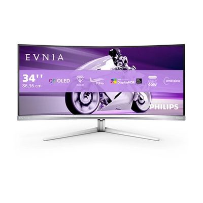 image Philips Evnia 34M2C8600 - Moniteur de Jeu incurvé WQHD 34 Pouces, 175 Hz, Ambiglow, HDR400, FreeSync Premium Pro, G-Sync Comp. (3440x1440, 0,1 ms GtG, HDMI, DisplayPort, USB-C, USB Hub) Gris/Blanc