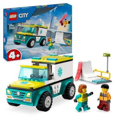 LEGO City L’Ambulance de Secours et Le Snowboardeur, Jeu Enfants avec Jouet de Véhicule Médical, Minifigurines de Paramédical et Snowboardeur, Cadeau pour Garçons et Filles de 4 Ans ou Plus 60403
