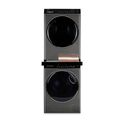 image Kit de superposition universel noir Haier Premium pour lave-linge et sèche-linge, gain de place, avec étagère coulissante, parfait pour les lave-linge et sèche-linge Haier noirs ou anthracites