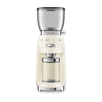 image Smeg, Moulin à Café CGF11CREU, Niveau de Mouture Réglable, 30 niveaux, Réservoir Grains de 350 g, Quantité de Mouture Réglable, avec Système Antistatique, 150 W, Crème