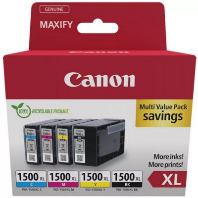 image Canon PGI-1500 XL C M Y BK Pack de 4 Cartouches Capacité XL (Noir XL Cyan XL Magenta XL Jaune XL) Certifié (Carton Recyclable 2024)