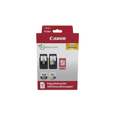 image Canon PG-560 CL-561 Value Pack de 2 Cartouches (Noir Couleur) +50 Feuilles Papier Photo 10x15cm Certifié (Carton Recyclable 2024)