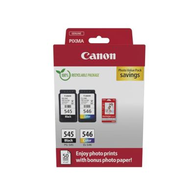 image Canon PG-545 CL-546 Value Pack de 2 Cartouches (Noir Couleur) +50 Feuilles Papier Photo 10x15cm Certifié (Carton Recyclable 2024)